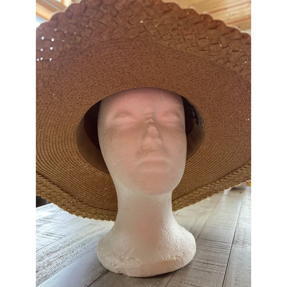 Sun N Sand Tan Straw Sun Hat Wide Brim UPF 50+ Beaded Stone Band Beach Hat Boho